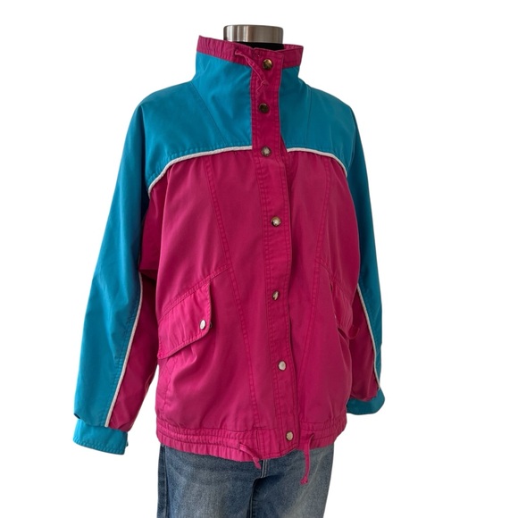 Vintage color block jacket pink blue white piping snap closure small - Picture 2 of 16